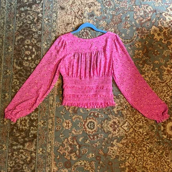 Free People Pink Peasant Top Smocked size S - Picture 5 of 8